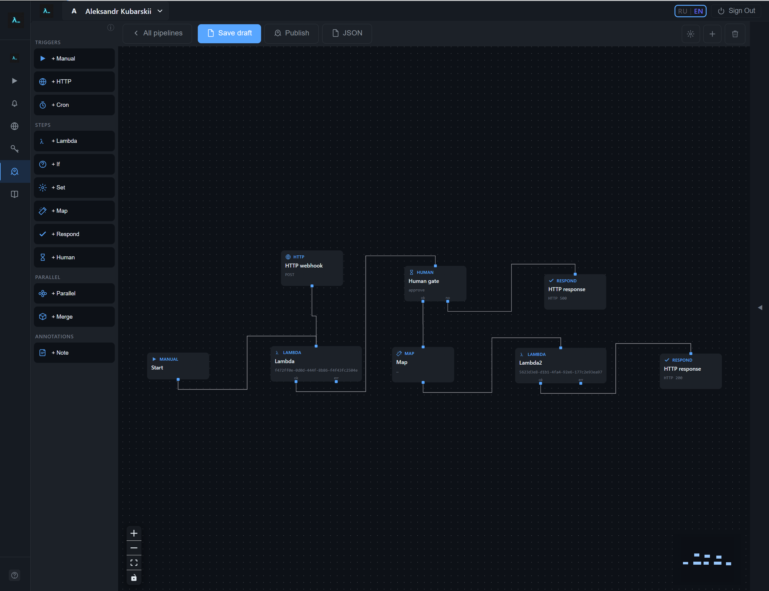 Screenshot of the visual pipeline editor in the Inquir console